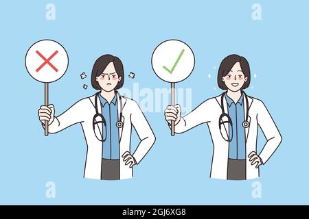 Approval and denying in medicine concept. Young man Male doctor happy smiling with right and negative with wrong sign standing holding looking at camera vector illustration  Stock Vector