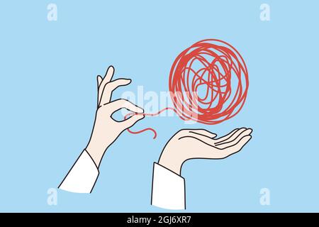 Psychotherapy and mental health concept. Human hand untangling red dirty knot snarl over blue background vector illustration  Stock Vector