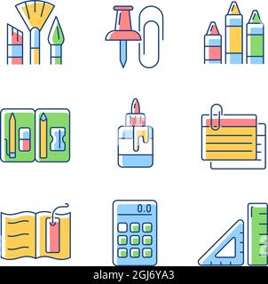 School essential equipment RGB color icons set Stock Vector