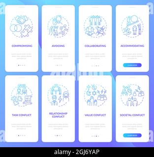 Conflict management blue gradient onboarding mobile app page screen set Stock Vector