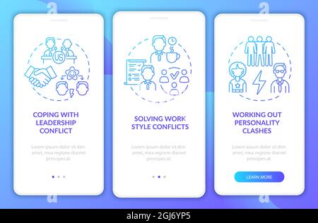 Team conflicts blue gradient onboarding mobile app page screen Stock Vector