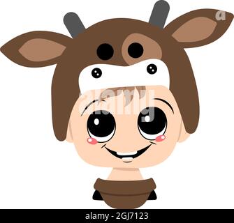 Avatar of a child with big eyes and a wide happy smile wearing a cow hat. Head of a cute kid with a joyful face Stock Vector