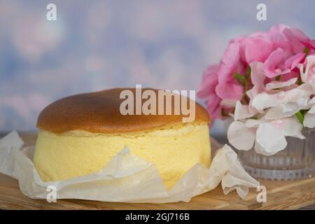 Deliciously jiggly and soft like cotton, the Fluffy Japanese Cheesecake. Selective focus points Stock Photo