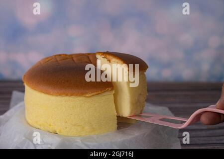 Deliciously jiggly and soft like cotton, the Fluffy Japanese Cheesecake. Selective focus points Stock Photo