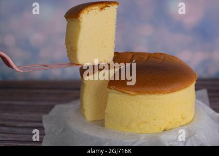 Deliciously jiggly and soft like cotton, the Fluffy Japanese Cheesecake. Selective focus points Stock Photo