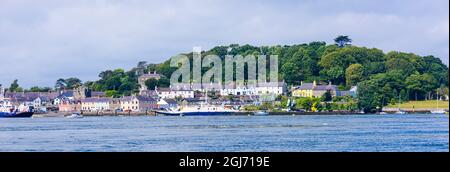 Strangford village conservation area with both Strangford ferries, County Down, Northern Ireland. Stock Photo