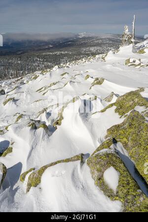 View from peak of Mount Lusen. Winter at Mount Lusen in National Park Bavarian Forest (Bayerischer Wald). Central Europe, Germany, Bavaria. Stock Photo