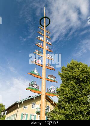 Traditional Bavarian maypole (Maibaum). Village Sachrang in the Chiemgau in the Bavarian alps. Europe, Germany, Bavaria Stock Photo