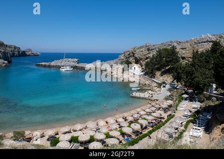 Greece, Rhodes, the largest of the Dodecanese islands. Historic Lindos, St. Paul's Bay. Stock Photo