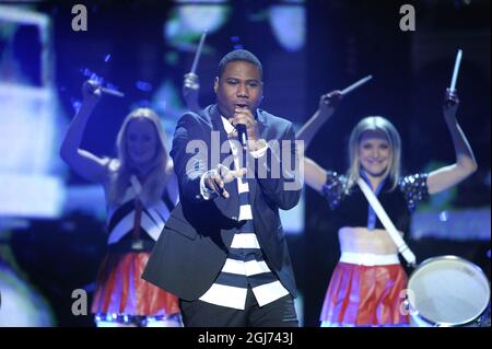 Swingfly performing with 'Me and my drum' at the first competition evening of the Swedish entry to the Eurovision Song contest at Coop Arena, Lulea. Stock Photo