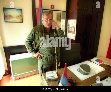 Ratko Mladic, Supreme Commander of the Serbian forces in Bosnia during the war, in Han Pijesak, Bosnia Stock Photo