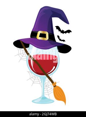 One glass on Wine in witch costume. - red wine with witch hat, broomstick and bats. Happy Halloween decoration. My broomstick runs on wine. Trick or T Stock Vector