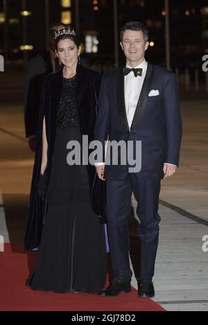 COPENHAGEN 20120114 Denmark's Crown Prince Frederik and Princess Mary arrive for a gala concert at the Concert Hall in Copenhagen, Denmark, Saturday Jan.14 2012. Danish Queen Margrethe II celebrates her 40th Jubilee this weekend. Photo: Henrik Montgomery / SCANPIX Kod: 10060 Stock Photo