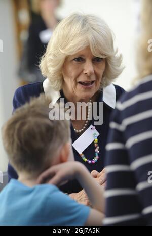STOCKHOLM 2012-03-23  Britain's Camilla Duchess of Cornwall  visited together with Sweden's Queen Silvia the preschool Pumpan in Solna outside Stockholm on Friday. Prince Charles and Camilla Duchess of Cornwall visit to Sweden continued on Friday. Foto: Henrik Montgomery / SCANPIX / Kod 10060   Stock Photo