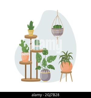 The flat illustration with house pants in pots. Planting. Decorative plants in the interior of the house. Flat style. Stock Vector