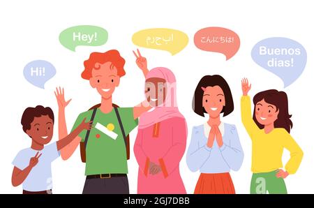 Cartoon group of multicultural multiethnic girl boy child characters standing, cute students. Children greeting, school kids say hi in different Stock Vector