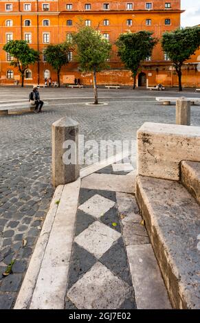 Italy, Rome. Trastevere, Piazza Mastai, seen from base of Fontana de Pio IX (Pius IX). Stock Photo