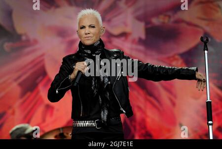 BORLANGE 2012-06-27 Swedish pop music duo Roxette (Marie Fredriksson, vocals and Per Gessle, vocals and guitar) perform at the Utopia stage during the Peace & Love music festival outside Borlange, Sweden, on June 27, 2012. Foto Erik Martensson / SCANPIX / Kod 10400 Stock Photo