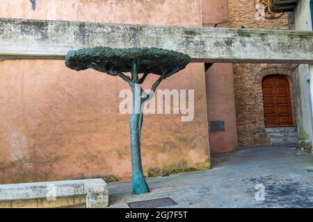 Italy, Sicily, Palermo, Pollina. April 12, 2019. Bronze Sculpture of a Manna Ash tree in Polina. (Editorial Use Only) Stock Photo