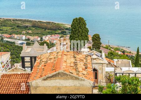 Italy, Sicily, Messina Province, Caronia. View of the Mediterranean Sea from the medieval hill town of Caronia. Stock Photo