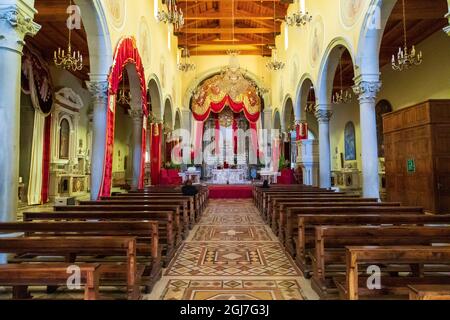 Italy, Sicily, Messina Province, Montalbano Elicona. April 14, 2019. Interior of the Basilica di Santa Maria Assunta e San Nicolo Vescovo, in the medi Stock Photo