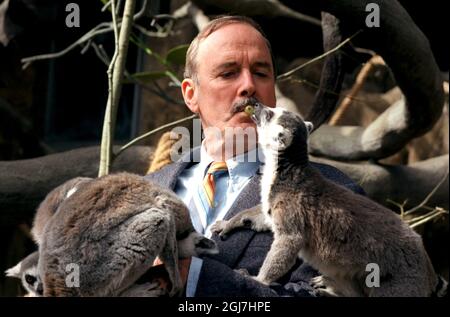 FILE 1997-04-22. John Cleese,  English actor, comedian, writer and film producer, in Sweden to promote his new film Fierce Creatures. Pictured feeding his new friends, the  lemurs at Skansen open air museum. Foto: Mark Earthy / SCANPIX Code: 50050   Stock Photo