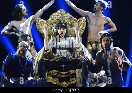 Army of Lovers members Alexander Bard, Camilla Henemark and Jean-Pierre  Barda is seen perform their song Rockin'' the Ride during the rehearsal  for the semifinal of the Swedish Eurovision Song contest in