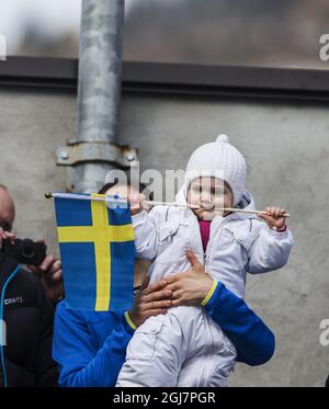 Crown Princess Victoria, Princess Estelle and Prince Daniel are seen watching ladies 10 km skiing in the World Cross country ski Championships in Val Di Fiemme, Italy. Stock Photo