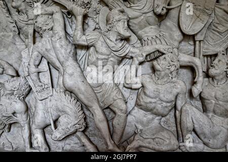 Italy, Rome, Capitoline Museum, marble sarcophagus decorations Stock Photo