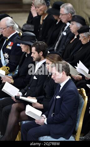 STOCKHOLM 2013-03-16 King Carl Gustaf , Queen Silvia, Prince Carl Philip, Princess MAdeleine and Chris O'Neill at the funeral of Princess Lilian in the Royal Chapel at the Royal Palace of Stockholm on Saturday March 16, 2013. Foto Jonas Ekstromer / SCANPIX / Kod 10030 Stock Photo