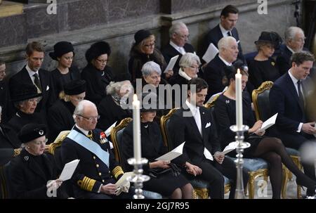 STOCKHOLM 2013-03-16 Queen Margrethe of Denmark, King Carl Gustaf, Queen Silvia, Prince Carl Philip, Princess Madeleine and Chris O'Neill at the funeral of HRH Princess Lilian held in the Royal Chapel at the Royal Palace of Stockholm on Saturday March 16, 2013. Foto Anders Wiklund / SCANPIX / Kod 10040 Stock Photo