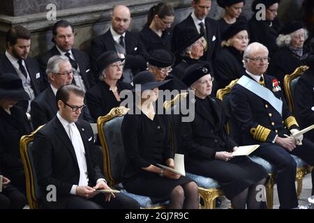 STOCKHOLM 2013-03-16 Prince Daniel, Crown Princess Victoria, Queen Margrethe of Denmark, King Carl Gustaf at the funeral of HRH Princess Lilian held in the Royal Chapel at the Royal Palace of Stockholm on Saturday March 16, 2013. Foto Anders Wiklund / SCANPIX / Kod 10040 Stock Photo