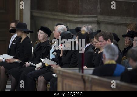 STOCKHOLM 2013-03-16 Prince Daniel, Crown Princess Victoria, Queen Margrethe of Denmark, King Carl Gustaf , Queen Silvia, Princess Madeleine and Chris OÂ´Neill at the funeral of Princess Lilian in the Royal Chapel at the Royal Palace of Stockholm on Saturday March 16, 2013.. Foto: Maja Suslin / SCANPIX / kod 10300 Stock Photo