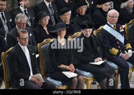 STOCKHOLM 2013-03-16 Prince Daniel, Crown Princess Victoria, Queen Margrethe of Denmark, King Carl Gustaf at the funeral of HRH Princess Lilian held in the Royal Chapel at the Royal Palace of Stockholm on Saturday March 16, 2013. Foto Anders Wiklund / SCANPIX / Kod 10040 Stock Photo