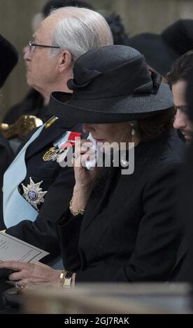 STOCKHOLM 2013-03-16 King Carl Gustaf and Queen Silvia at the funeral of Princess Lilian in the Royal Chapel at the Royal Palace of Stockholm on Saturday March 16, 2013.. Foto: Maja Suslin / SCANPIX / kod 10300 Stock Photo