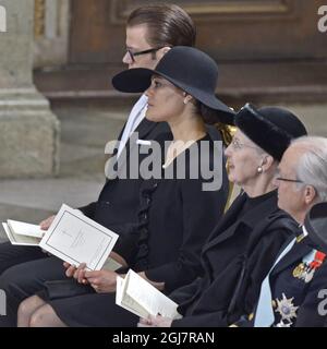 STOCKHOLM 2013-03-16 Prince Daniel, Crown Princess Victoria, Queen Margrethe of Denmark and King Carl Gustaf at the funeral of Princess Lilian in the Royal Chapel at the Royal Palace of Stockholm on Saturday March 16, 2013. Foto Jonas Ekstromer / SCANPIX / Kod 10030 Stock Photo