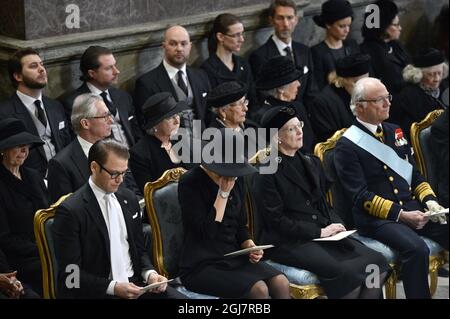 STOCKHOLM 2013-03-16 Prince Daniel, Crown Princess Victoria, Queen Margrethe of Denmark and King Carl Gustaf at the funeral of HRH Princess Lilian held in the Royal Chapel at the Royal Palace of Stockholm on Saturday March 16, 2013. Foto Anders Wiklund / SCANPIX / Kod 10040 Stock Photo