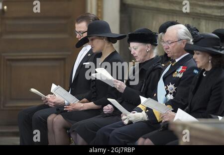 STOCKHOLM 2013-03-16 Prince Daniel, Crown Princess Victoria, Queen Margrethe of Denmark, King Carl Gustaf , Queen Silvia at the funeral of Princess Lilian in the Royal Chapel at the Royal Palace of Stockholm on Saturday March 16, 2013.. Foto: Maja Suslin / SCANPIX / kod 10300 Stock Photo