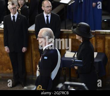 STOCKHOLM 2013-03-16 King Carl Gustaf and Queen Silvia arrive at the funeral of Princess Lilian in the Royal Chapel at the Royal Palace of Stockholm on Saturday March 16, 2013.. Foto: Maja Suslin / SCANPIX / kod 10300 Stock Photo