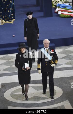 STOCKHOLM 2013-03-16 Queen Silvia, King Carl XVI Gustaf and Queen Margrethe of Denmark leave after the funeral of Princess Lilian in the Royal Chapel at the Royal Palace of Stockholm on Saturday March 16, 2013. Foto Jonas Ekstromer / SCANPIX / Kod 10030 Stock Photo