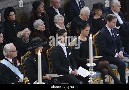 STOCKHOLM 2013-03-16 King Carl Gustaf, Queen Silvia, Prince Carl Philip, Princess Madeleine and Chris O'Neill at the funeral of HRH Princess Lilian held in the Royal Chapel at the Royal Palace of Stockholm on Saturday March 16, 2013. Foto Anders Wiklund / SCANPIX / Kod 10040 Stock Photo