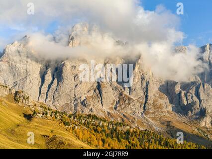 Peaks towering over Val Venegia. Pale di San Martino in the Dolomites of Trentino. Pala is part of the UNESCO World Heritage Site, Dolomites, Italy. Stock Photo