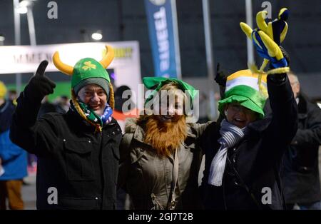 Irish fans arrive for the the 2014 FIFA World Cup group C qualifier soccer match between Sweden and Ireland at Friends Arena in Stockholm, Sweden. Stock Photo