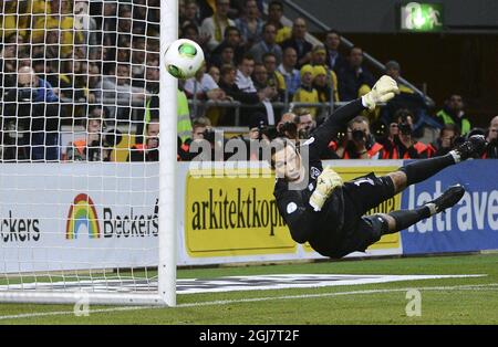 Ireland's goal keeper David Forde during the 2014 FIFA World Cup group C qualifier soccer match between Sweden and Ireland at Friends Arena in Stockholm, Sweden. Stock Photo