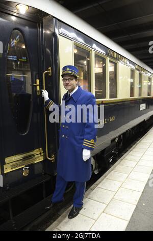The Orient Express train is seen at the Central Station in Stockholm, Sweden, April 11, 2013. The journey started in Venice and it’s the first time the famous train visits Stockholm.    Stock Photo