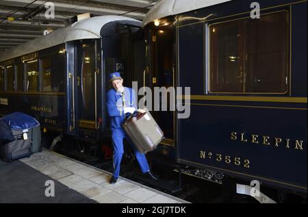 The Orient Express train is seen at the Central Station in Stockholm, Sweden, April 11, 2013. The journey started in Venice and it’s the first time the famous train visits Stockholm.    Stock Photo
