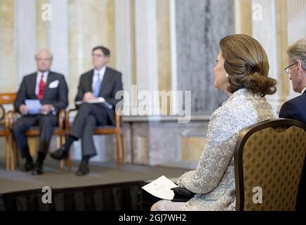 Queen Silvia of Sweden, right, attends a ceremony to unveil a portrait of the Congressional Gold Medal that will be posthumously presented to Raoul Wallenberg at the Treasury Department May 9, 2013 in Washington, DC. Wallenberg, who was Swedish, is credited with saving thousands of Jews in Budapest during the Holocaust.     Stock Photo