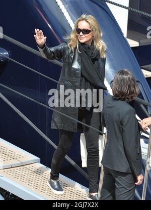 Sharon Stone at Roberto Cavalli's yacht in a blue dress during the 66th ...