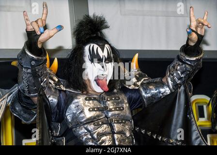 American hard rock band Kiss member Gene Simmons during a press conference in Norge, near the southern Swedish town of Solvesborg, prior to their performance at the Sweden Rock Festival 2013.  Stock Photo