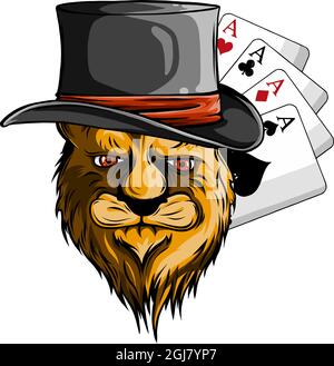 Portrait of lion in bowler hat and poker aces Stock Vector